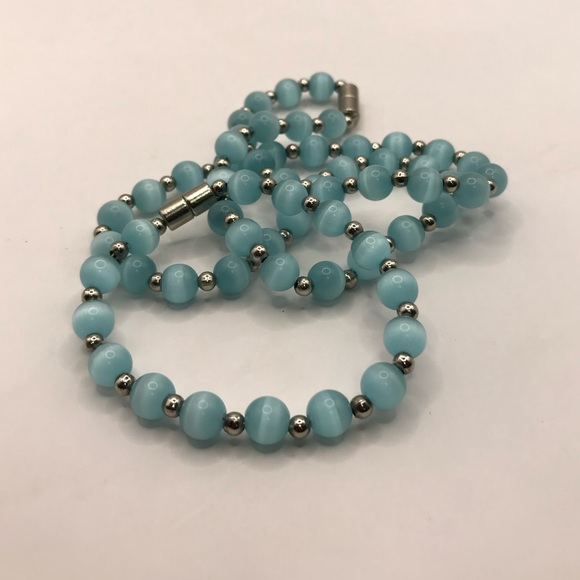 Light Blue Glass Cats Eye Bead Necklace & Bracelet Set - Picture 6 of 8